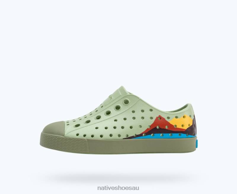 Footwear Native Shoes Jefferson Block Tea Green/ Loch Green/ Crater Mountain Block Kids 4DD0188 - Click Image to Close
