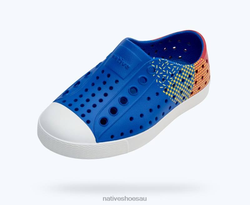 Footwear Native Shoes Jefferson Sugarlite Block UV Blue/ Shell White/ Hyper Freesia Celery Block Kids 4DD0210