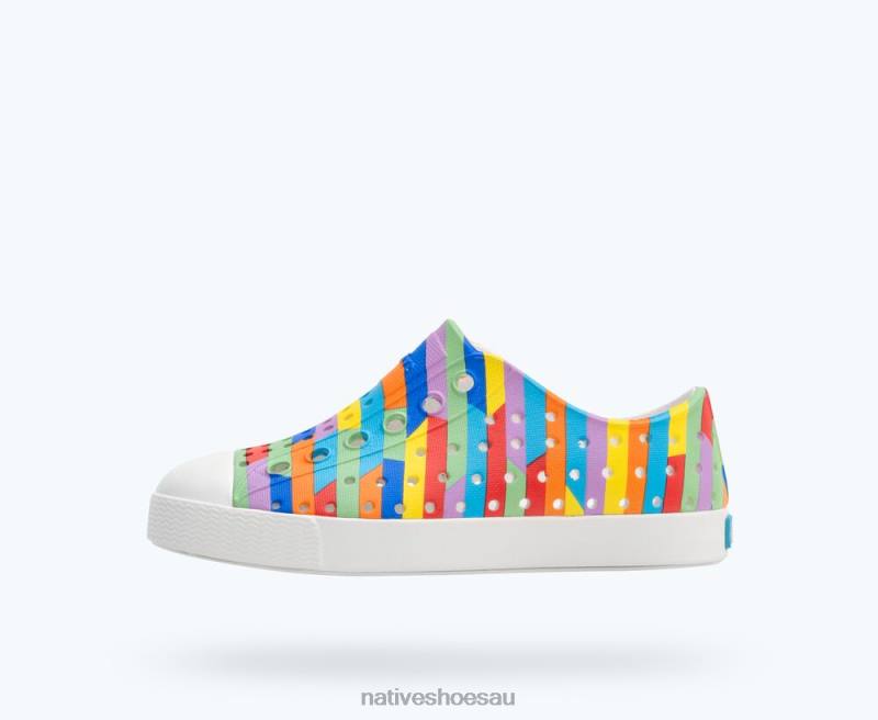 Footwear Native Shoes Jefferson Sugarlite Print Shell White/ Rainbow Multi Stripe 2 Kids 4DD0163 - Click Image to Close