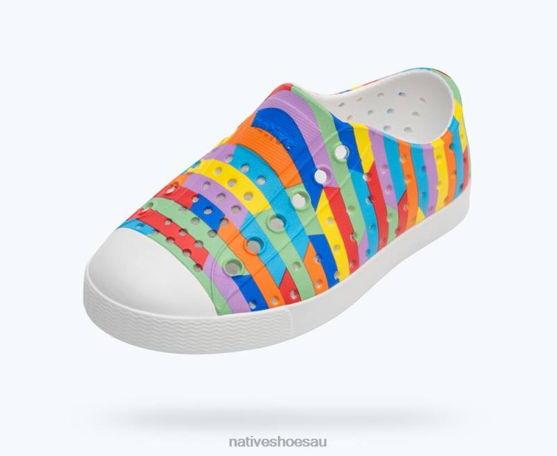 Footwear Native Shoes Jefferson Sugarlite Print Shell White/ Rainbow Multi Stripe 2 Kids 4DD0163